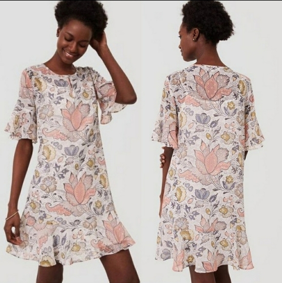 LOFT Ruffle Floral Flounce Dress Pastel Gold Size SP - Picture 1 of 13